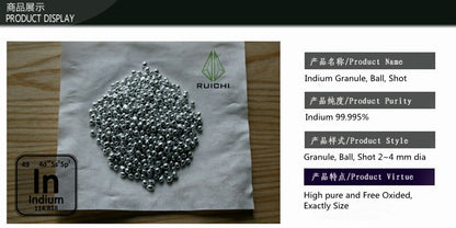 99,995 % Reinheit 10 g 20 g 50 g 100 g 500 g 1000 g Indium-Granulat Indium-Schrotelement 49 Indium-Metallkugel